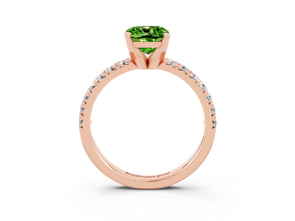 Rose gold Cushion Cut Peridot Solitaire Pavé Engagement Ring with Round Band and Prong Setting