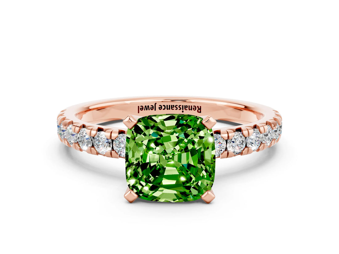 Rose gold Cushion Cut Peridot Solitaire Pavé Engagement Ring with Round Band and Prong Setting_78