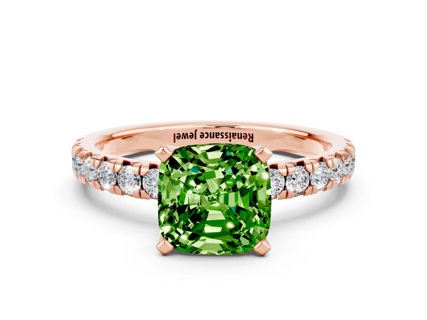 Rose gold Cushion Cut Peridot Solitaire Pavé Engagement Ring with Round Band and Prong Setting
