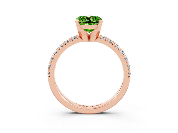 Rose gold Cushion Cut Peridot Solitaire Pavé Engagement Ring with Round Band and Prong Setting