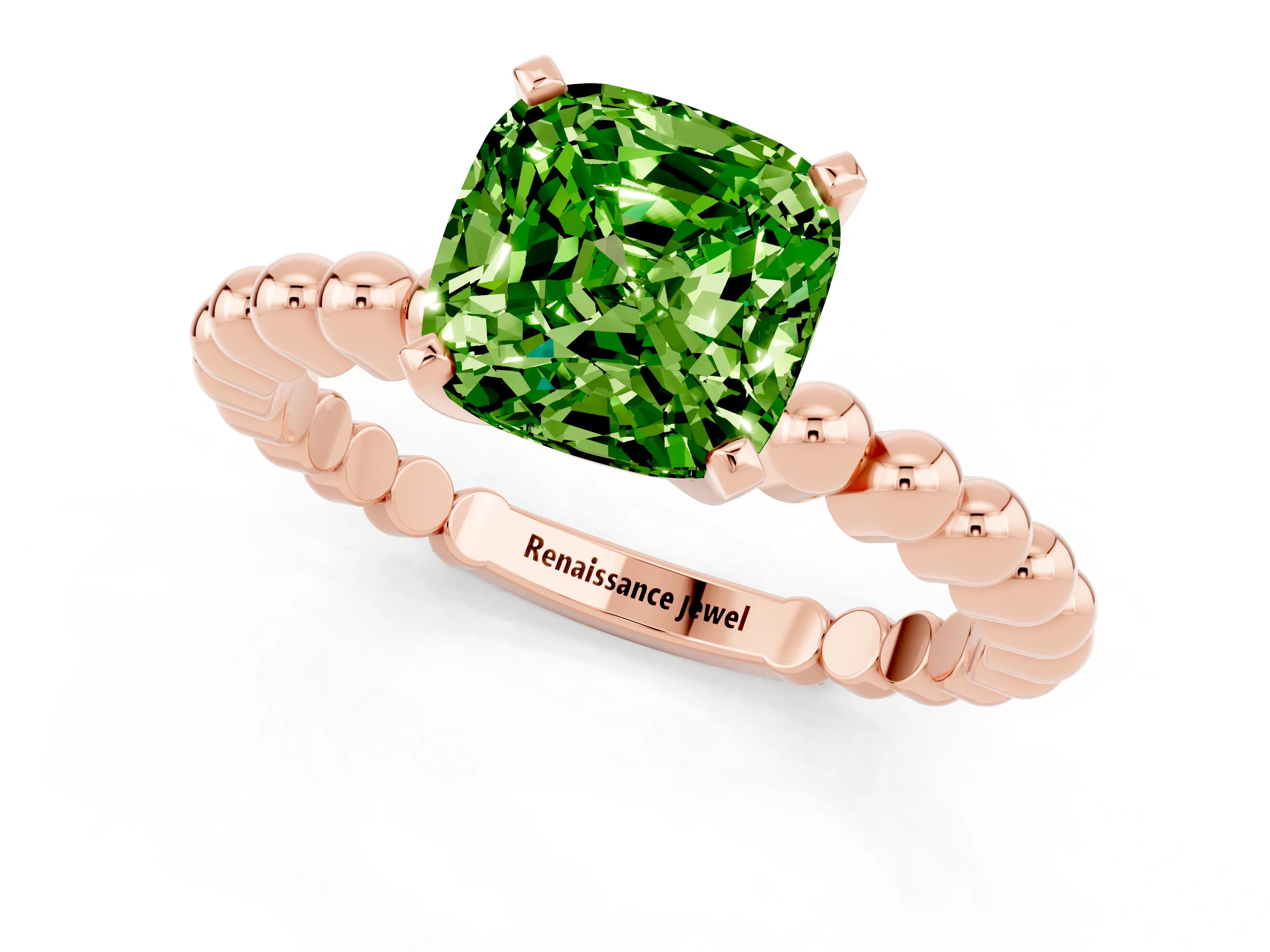 Rose gold Cushion Cut Peridot Solitaire Ring with Beaded Band and Prong Setting_1