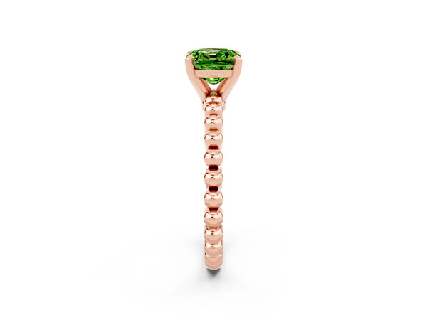 Rose gold Cushion Cut Peridot Solitaire Ring with Beaded Band and Prong Setting