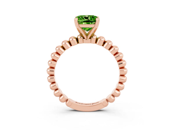 Rose gold Cushion Cut Peridot Solitaire Ring with Beaded Band and Prong Setting