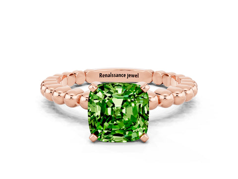 Rose gold Cushion Cut Peridot Solitaire Ring with Beaded Band and Prong Setting