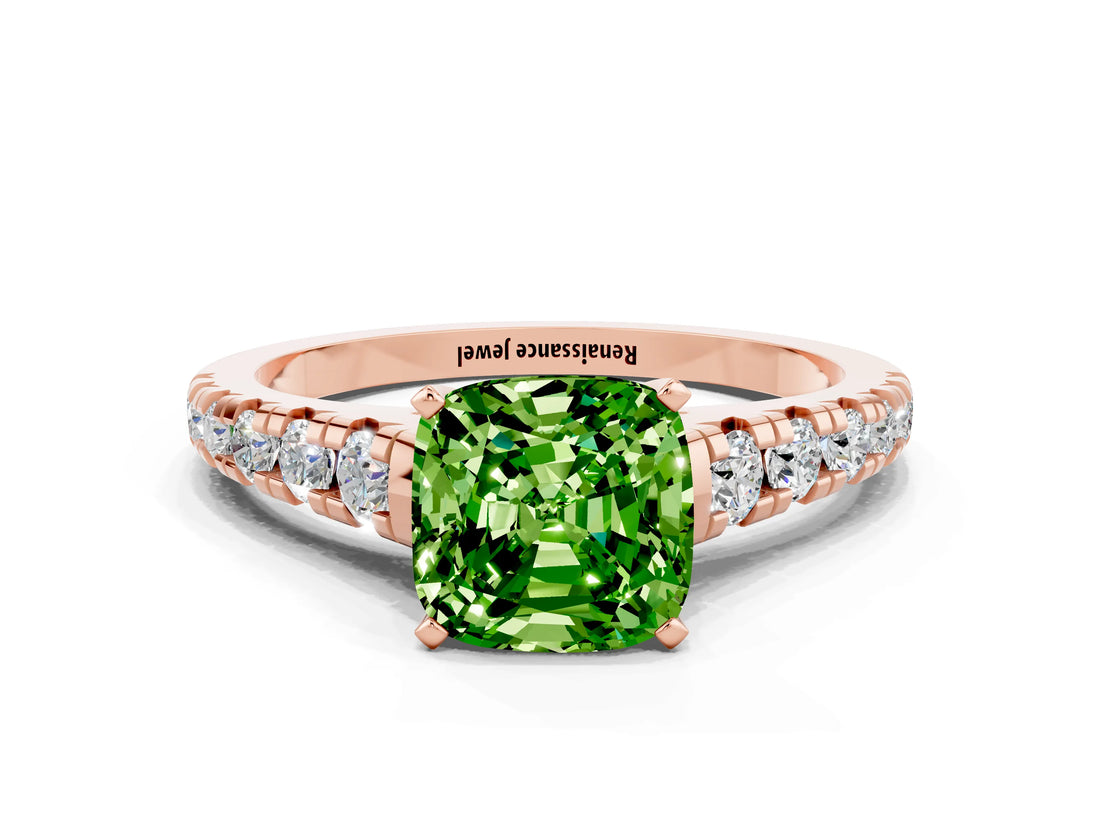 Rose gold Cushion Cut Peridot Solitaire Ring with Cathedral Setting and Pavé Band