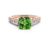 Rose gold Cushion Cut Peridot Solitaire Ring with Cathedral Setting and Pavé Band