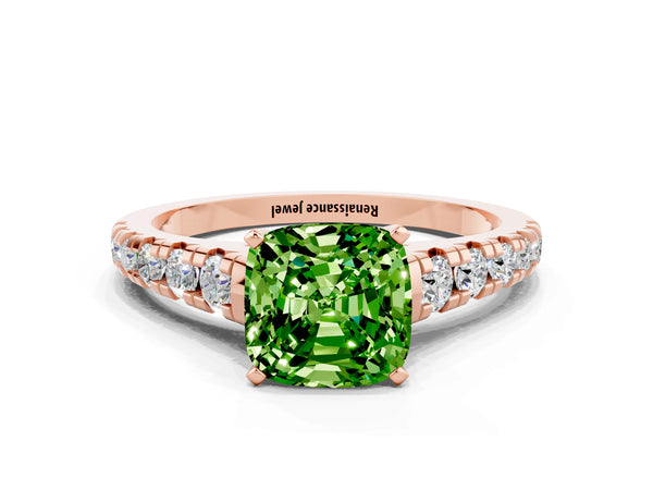 Rose gold Cushion Cut Peridot Cathedral Solitaire Ring with Round  Pavé Band
