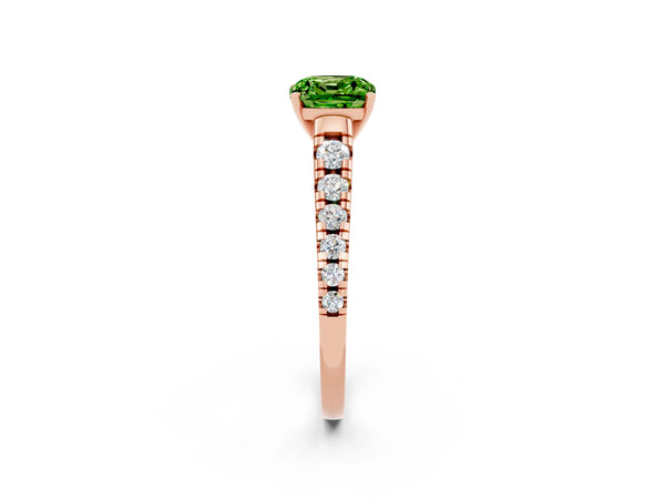 Rose gold Cushion Cut Peridot Cathedral Solitaire Ring with Round  Pavé Band