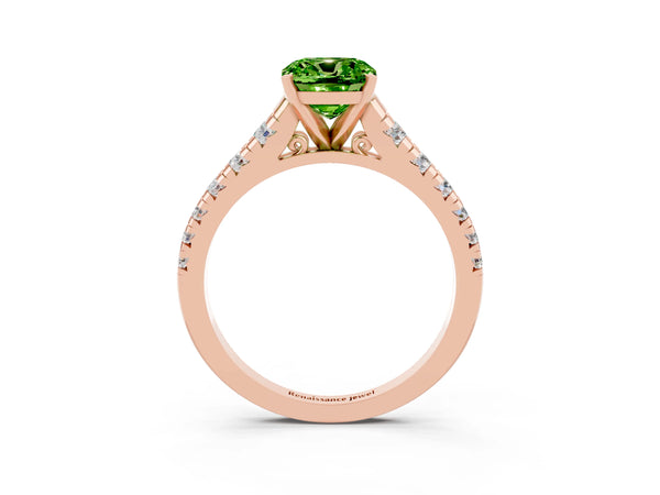 Rose gold Cushion Cut Peridot Cathedral Solitaire Ring with Round  Pavé Band