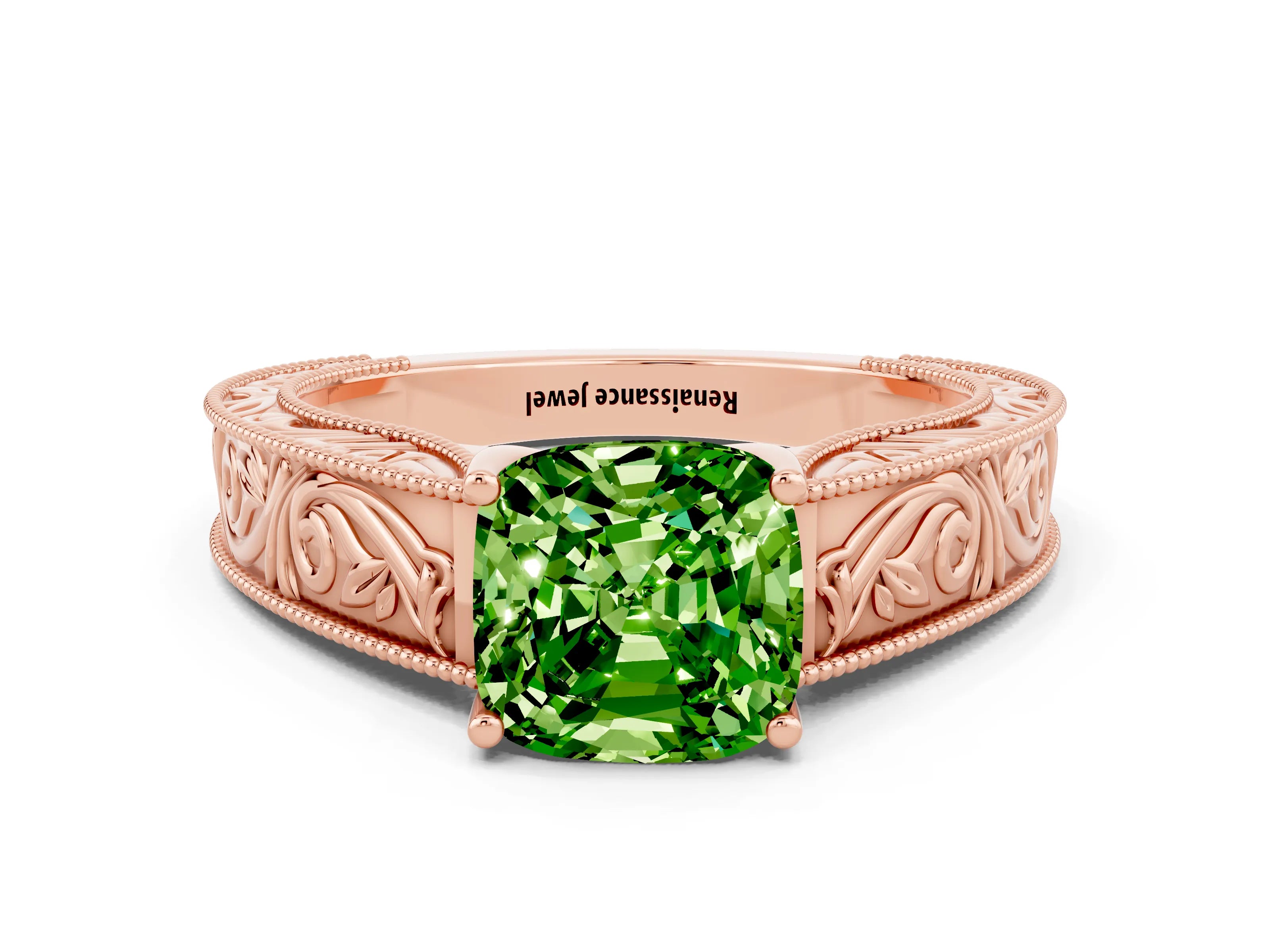 Rose gold Cushion Cut Peridot Solitaire Ring with Engraved Band and Four-Prong Setting
