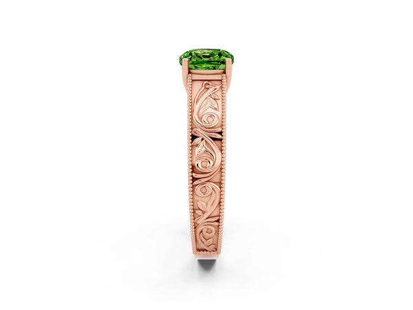 Rose gold Cushion Cut Peridot Solitaire Ring with Engraved Band and Four-Prong Setting