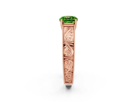 Rose gold Cushion Cut Peridot Solitaire Ring with Engraved Band and Four-Prong Setting_2