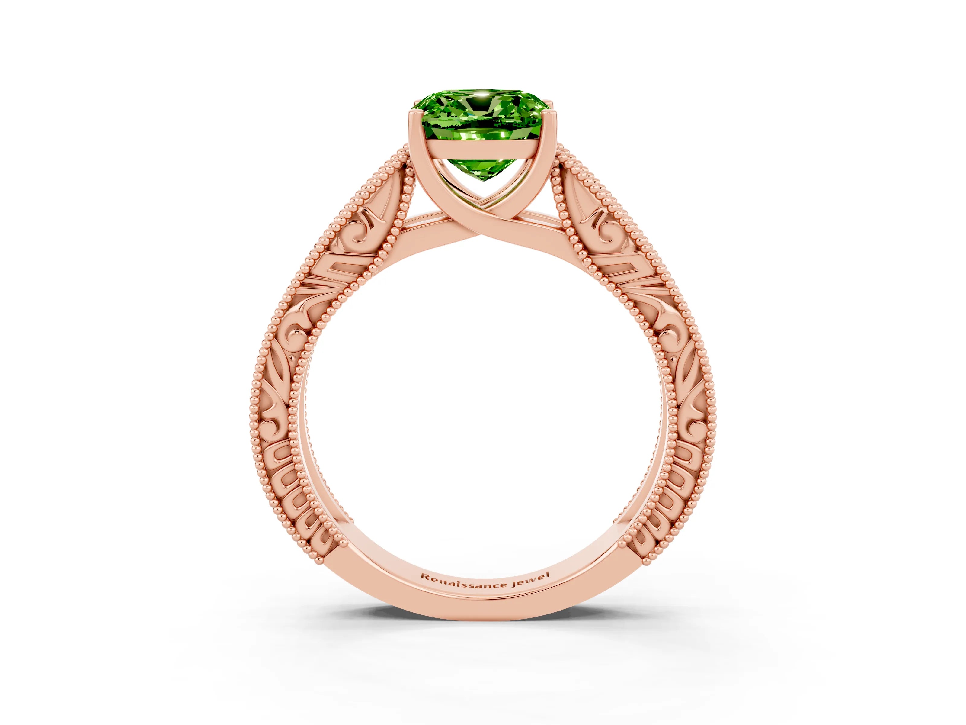 Rose gold Cushion Cut Peridot Solitaire Ring with Engraved Band and Four-Prong Setting_3