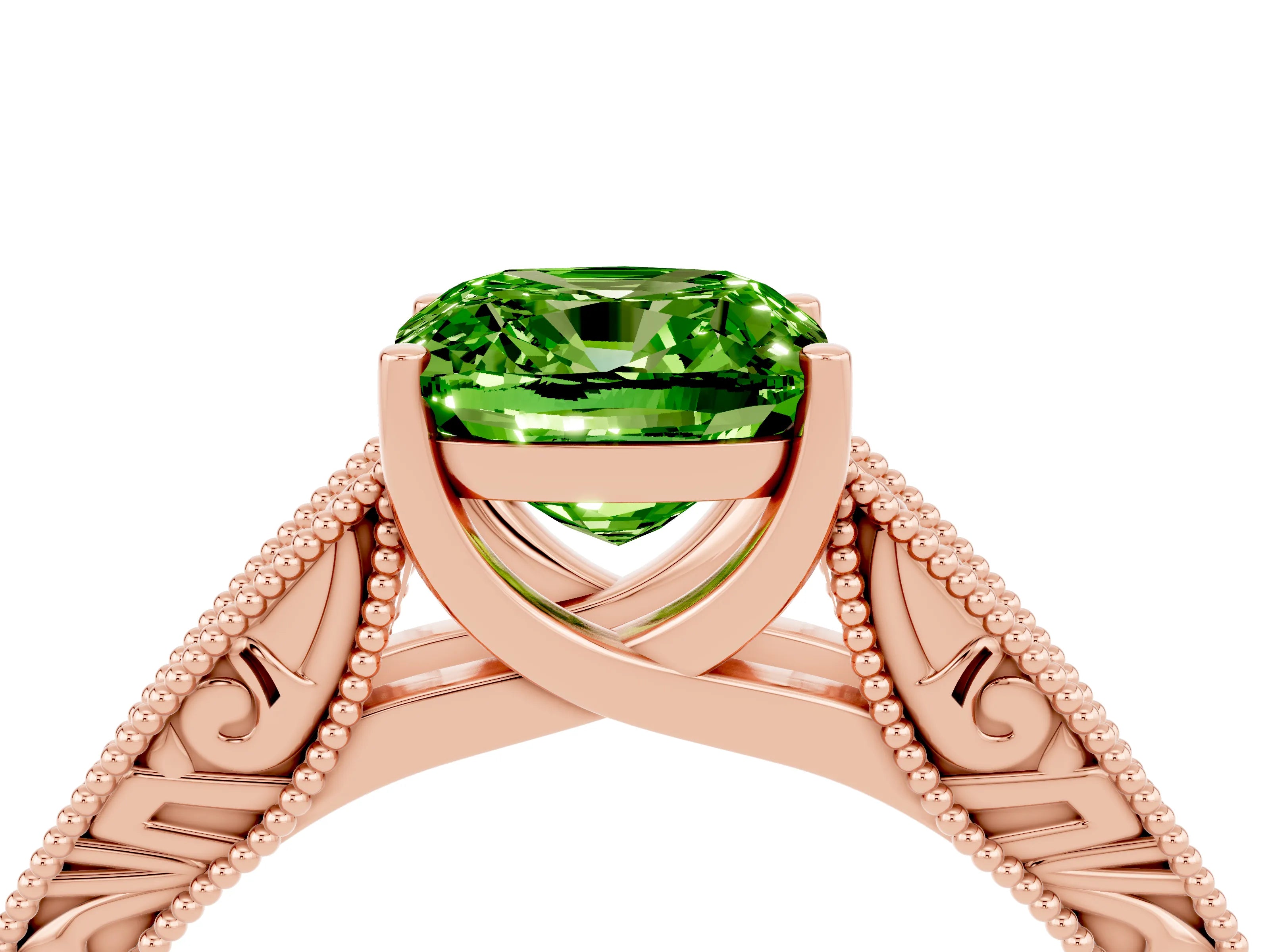 Rose gold Cushion Cut Peridot Solitaire Ring with Engraved Band and Four-Prong Setting_4