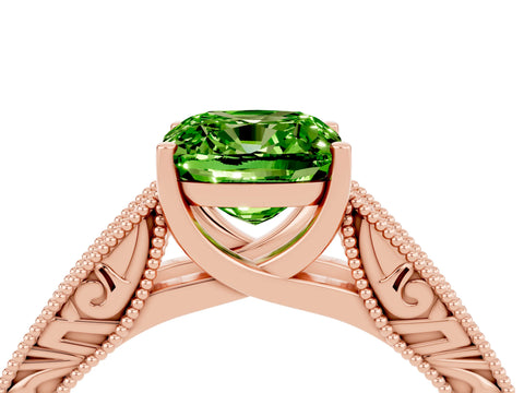 Rose gold Cushion Cut Peridot Solitaire Ring with Engraved Band and Four-Prong Setting_4