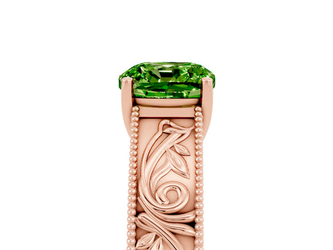 Rose gold Cushion Cut Peridot Solitaire Ring with Engraved Band and Four-Prong Setting_5