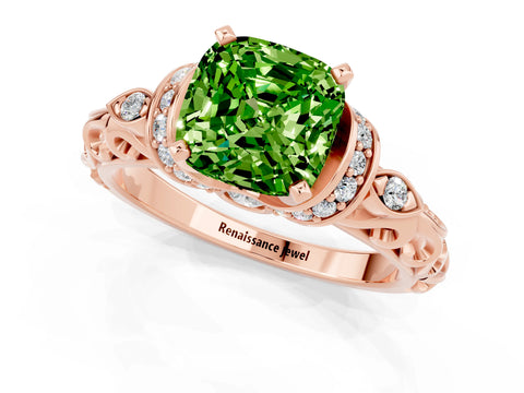 Rose gold Cushion Cut Peridot Solitaire Ring with Filigree Band and Four-Prong Setting_25