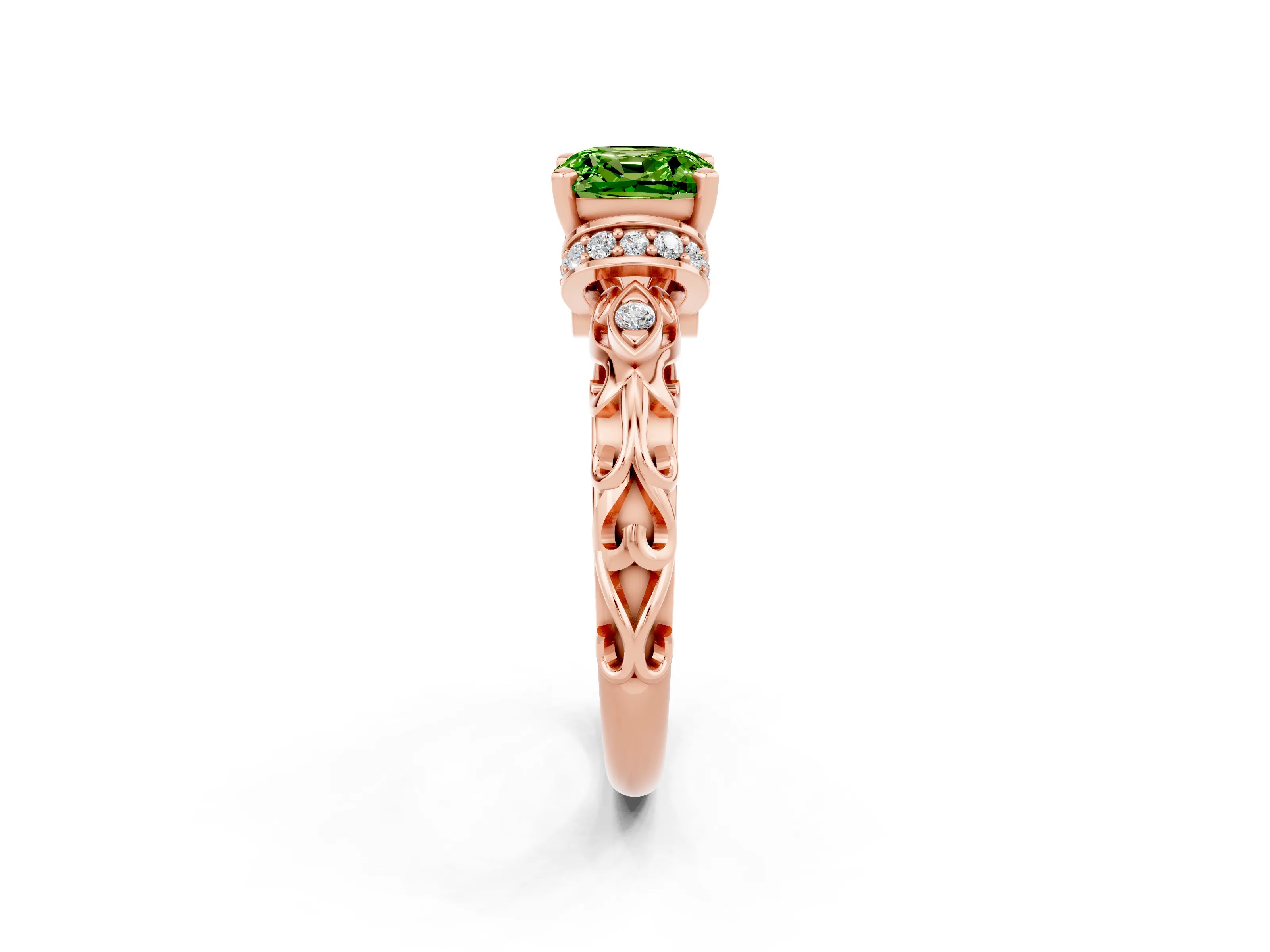Rose gold Cushion Cut Peridot Solitaire Ring with Filigree Band and Four-Prong Setting_26