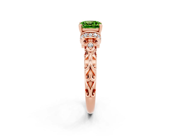 Rose gold Cushion Cut Peridot Solitaire Ring with Filigree Band and Four-Prong Setting