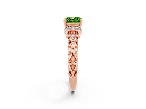 Rose gold Cushion Cut Peridot Solitaire Ring with Filigree Band and Four-Prong Setting_26