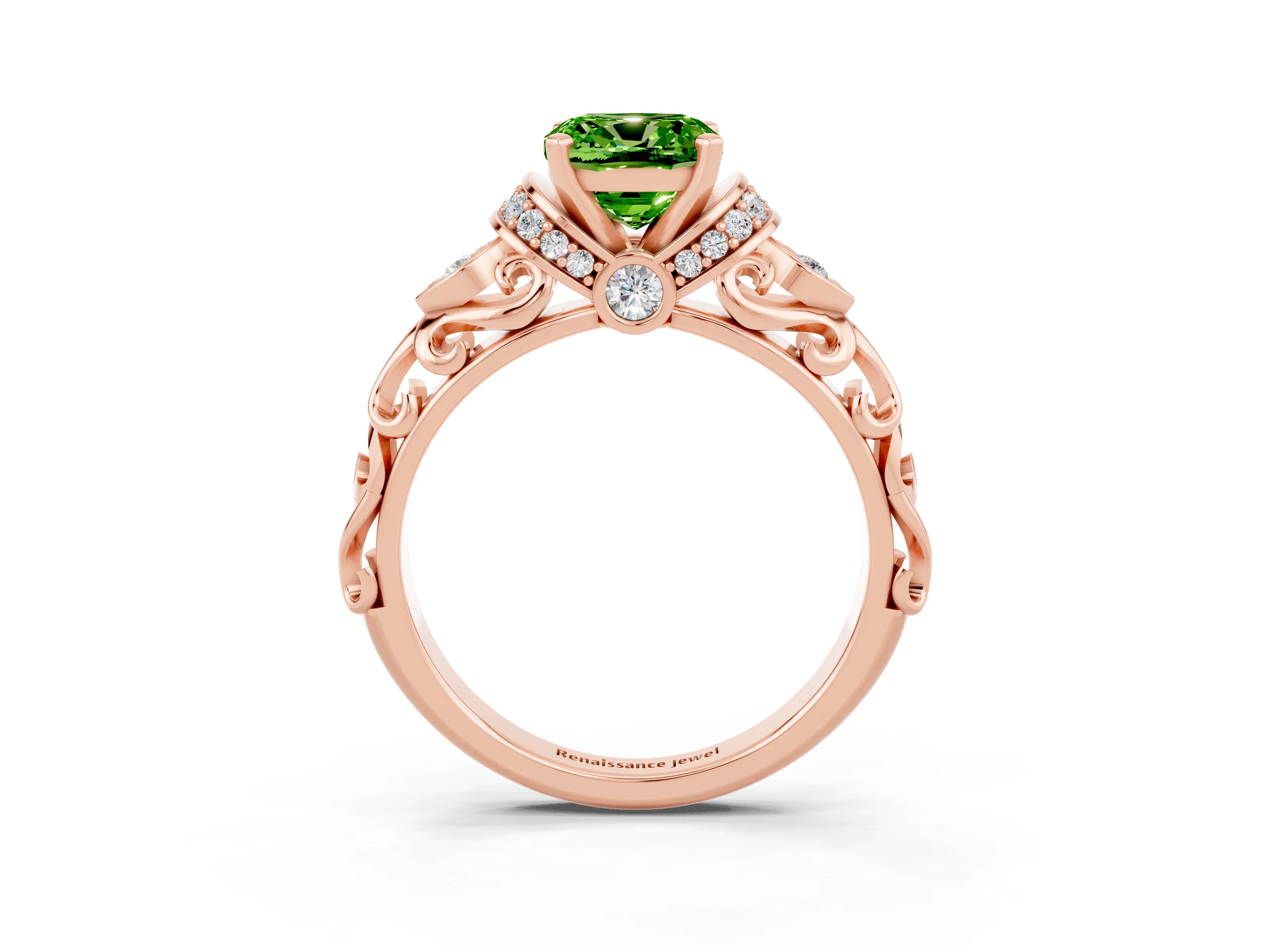 Rose gold Cushion Cut Peridot Solitaire Ring with Filigree Band and Four-Prong Setting_27