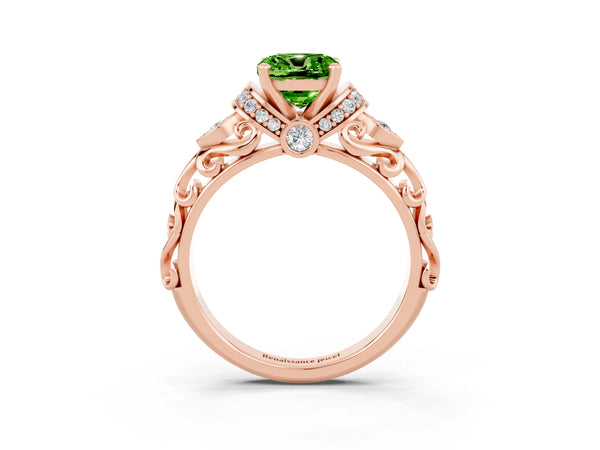 Rose gold Cushion Cut Peridot Solitaire Ring with Filigree Band and Four-Prong Setting