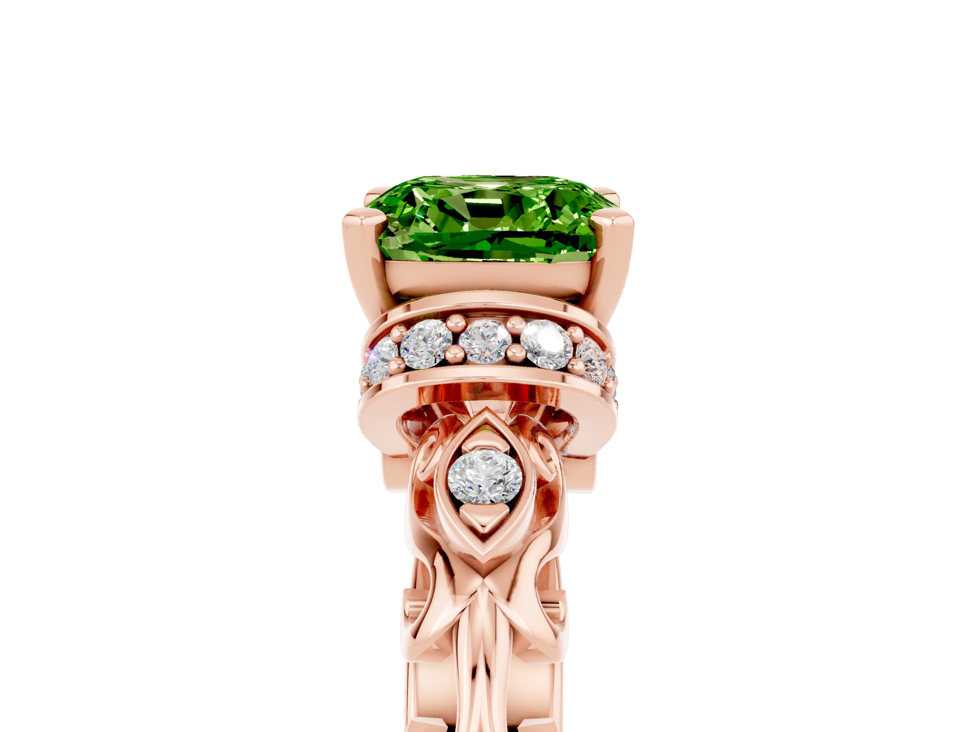Rose gold Cushion Cut Peridot Solitaire Ring with Filigree Band and Four-Prong Setting_29