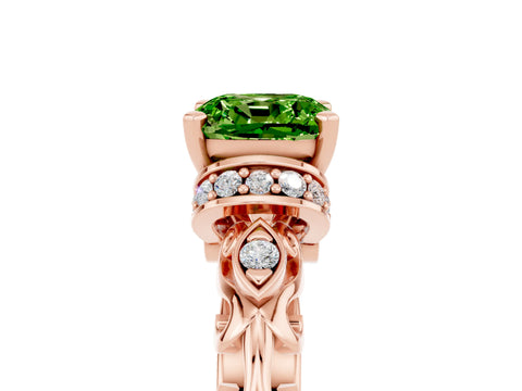 Rose gold Cushion Cut Peridot Solitaire Ring with Filigree Band and Four-Prong Setting_29
