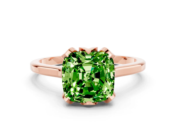 Rose gold Cushion Cut Peridot Solitaire Ring with Flower Prong Setting and Classic Band