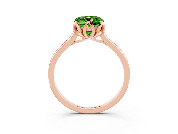 Rose gold Cushion Cut Peridot Solitaire Ring with Flower Prong Setting and Classic Band