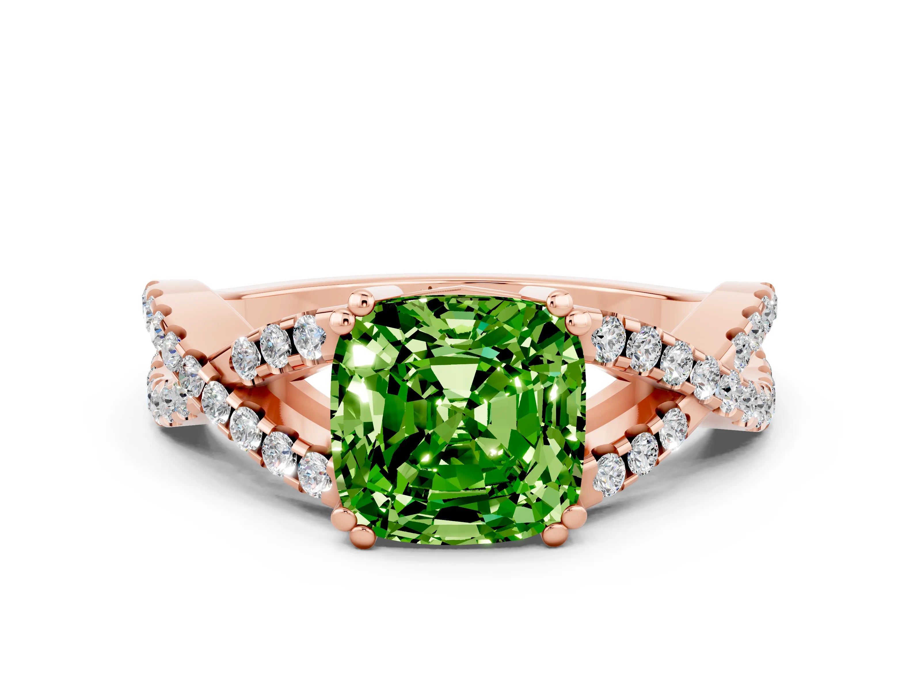 Rose gold Cushion Cut Peridot Solitaire Ring with Four-Prong Setting and Twisted Pavé Band
