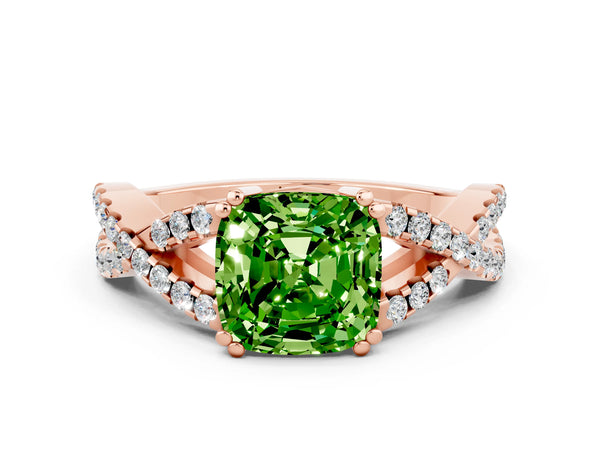 Rose gold Cushion Cut Peridot Solitaire Ring with Four-Prong Setting and Twisted Pavé Band