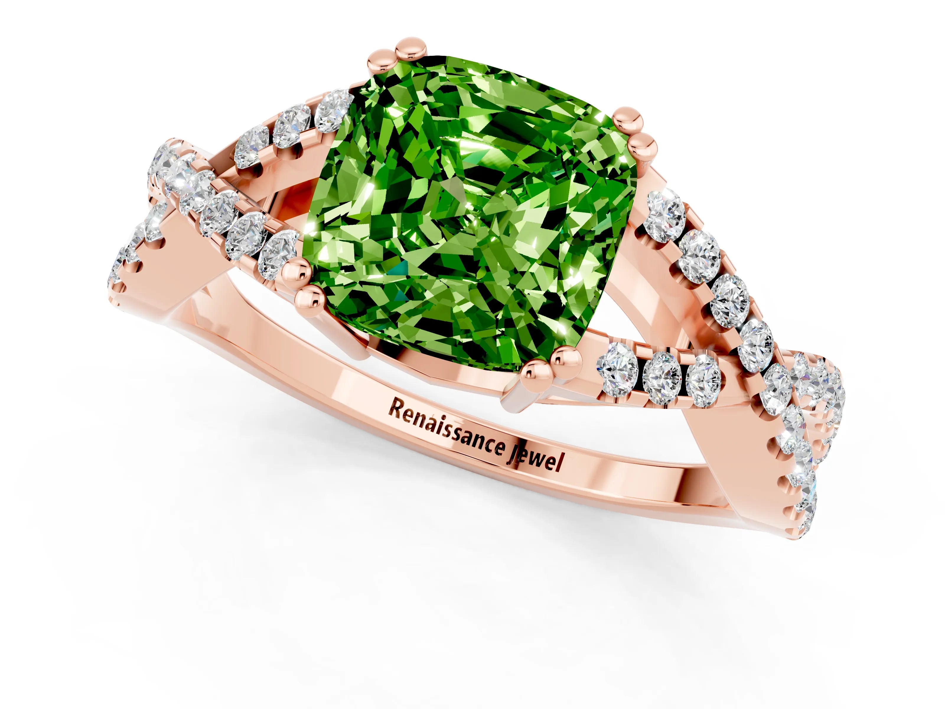 Rose gold Cushion Cut Peridot Solitaire Ring with Four-Prong Setting and Twisted Pavé Band_1