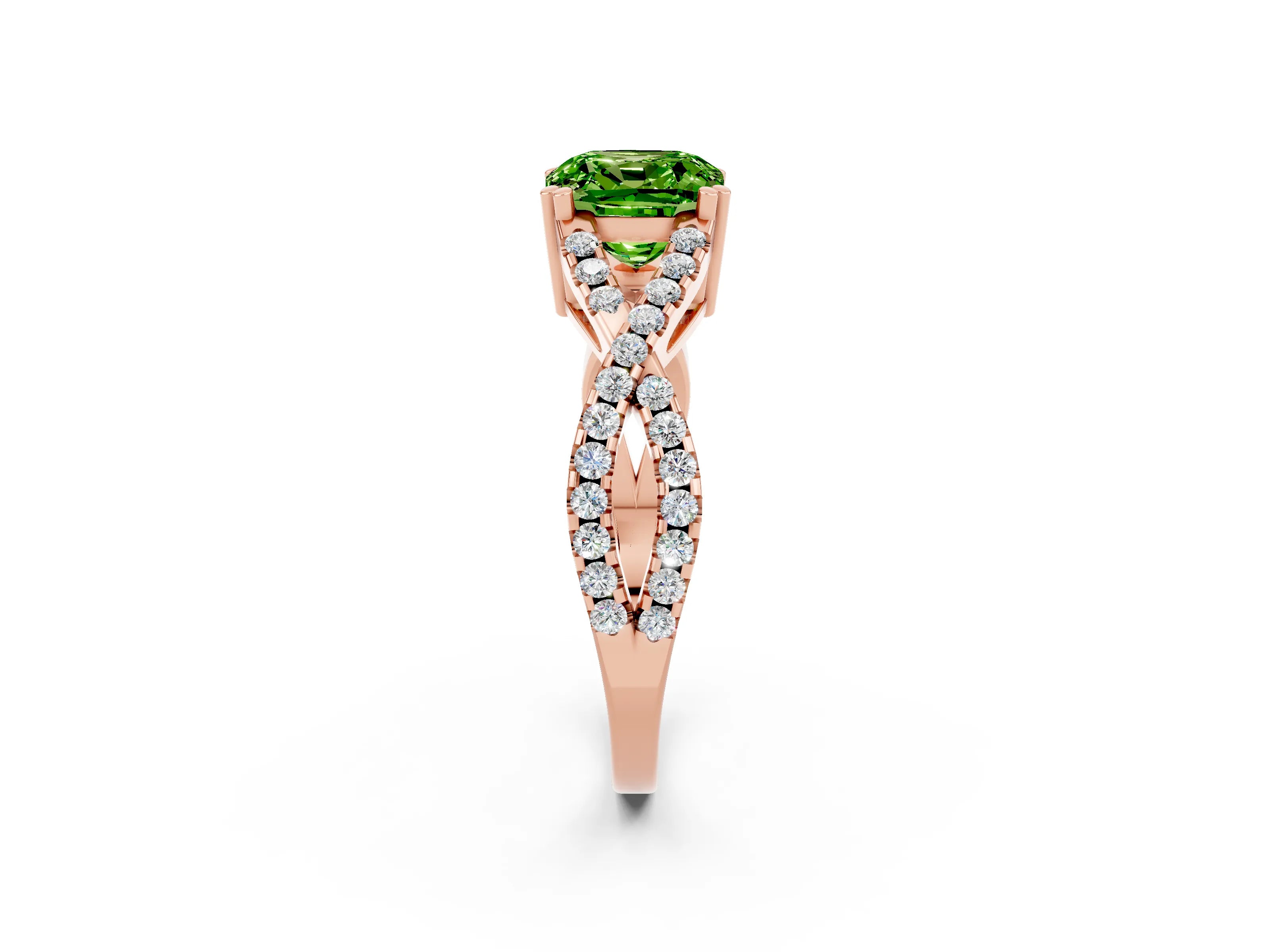 Rose gold Cushion Cut Peridot Solitaire Ring with Four-Prong Setting and Twisted Pavé Band_2