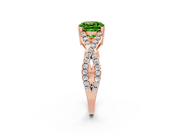 Rose gold Cushion Cut Peridot Solitaire Ring with Four-Prong Setting and Twisted Pavé Band