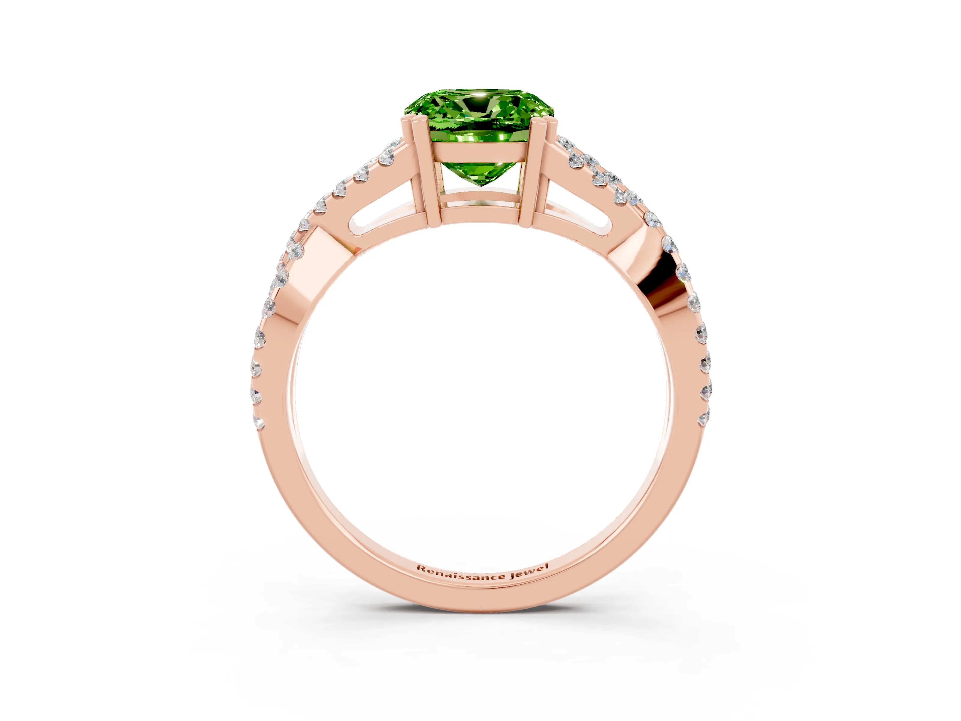 Rose gold Cushion Cut Peridot Solitaire Ring with Four-Prong Setting and Twisted Pavé Band_3