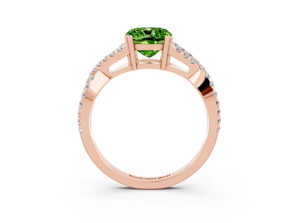 Rose gold Cushion Cut Peridot Solitaire Ring with Four-Prong Setting and Twisted Pavé Band