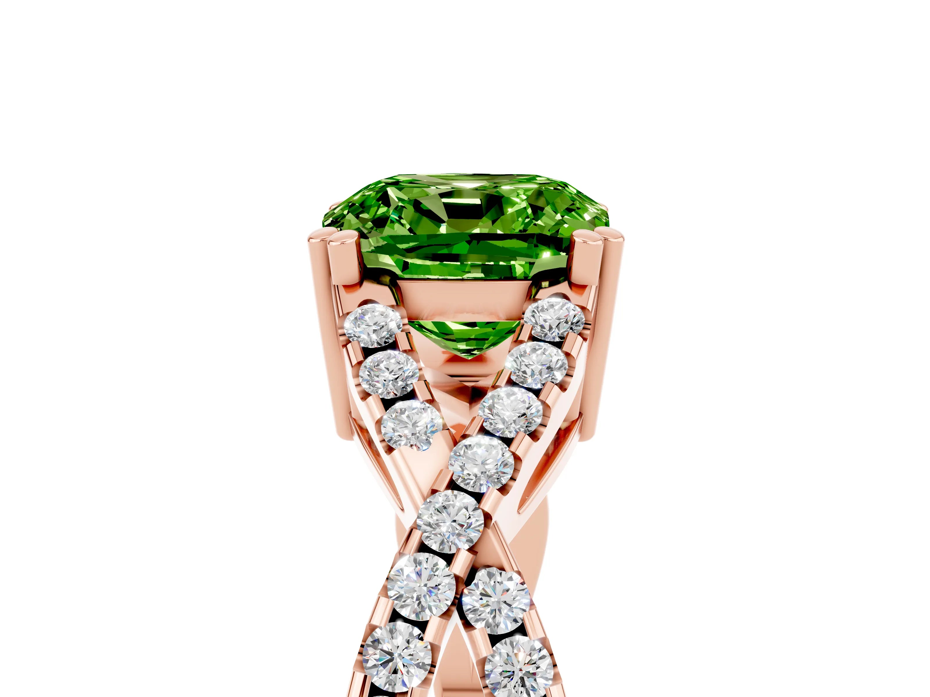 Rose gold Cushion Cut Peridot Solitaire Ring with Four-Prong Setting and Twisted Pavé Band_5