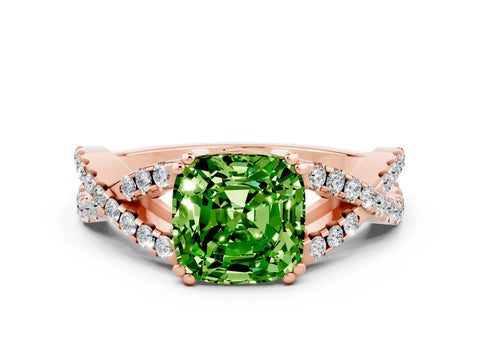 Rose gold Cushion Cut Peridot Solitaire Ring with Four-Prong Setting and Twisted Pavé Band
