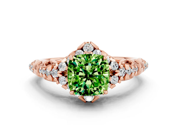 Rose gold Cushion Cut Peridot Solitaire Ring with Hidden Halo and Pavé Band