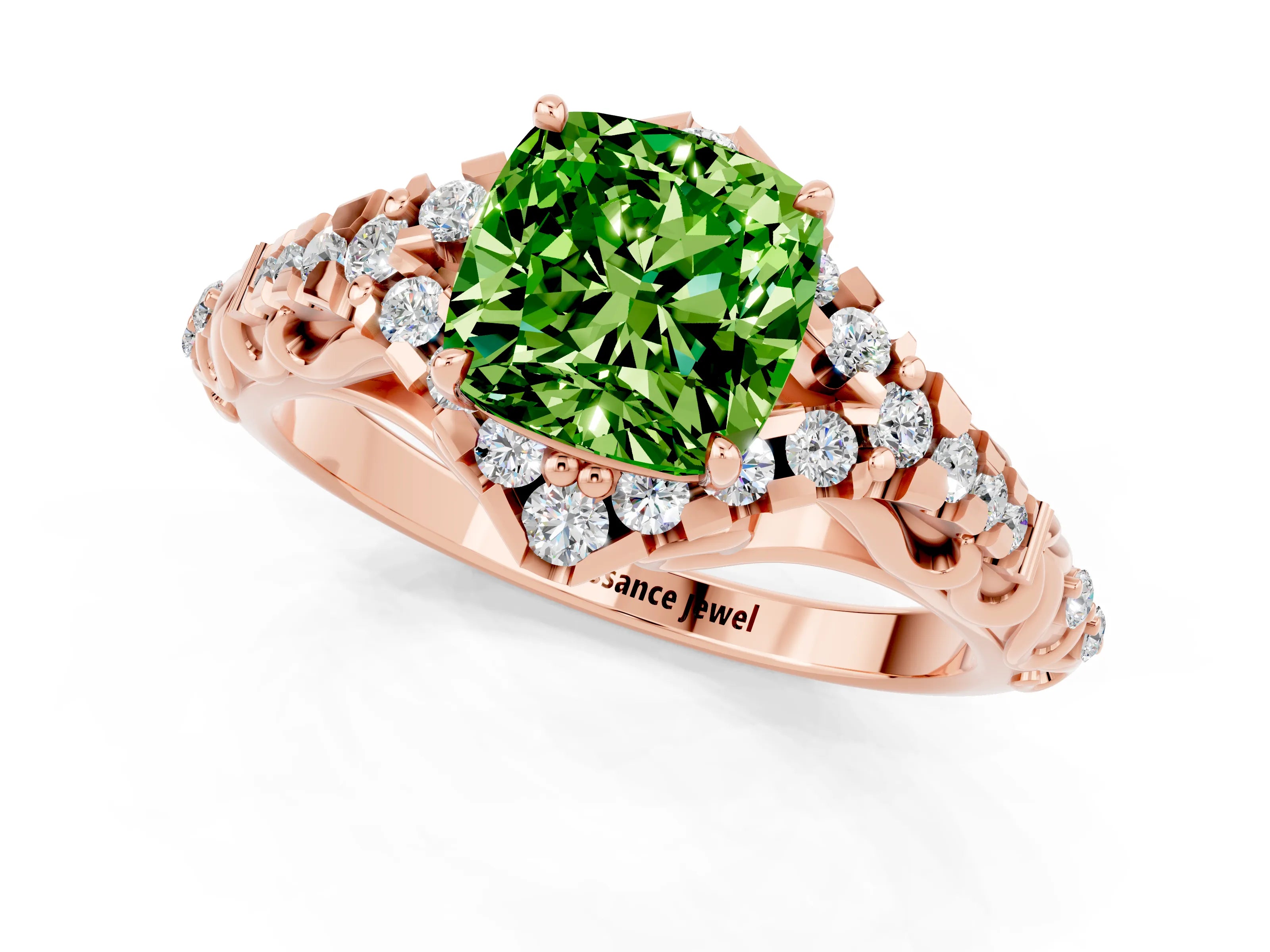 Rose gold Cushion Cut Peridot Solitaire Ring with Hidden Halo and Pavé Band_13