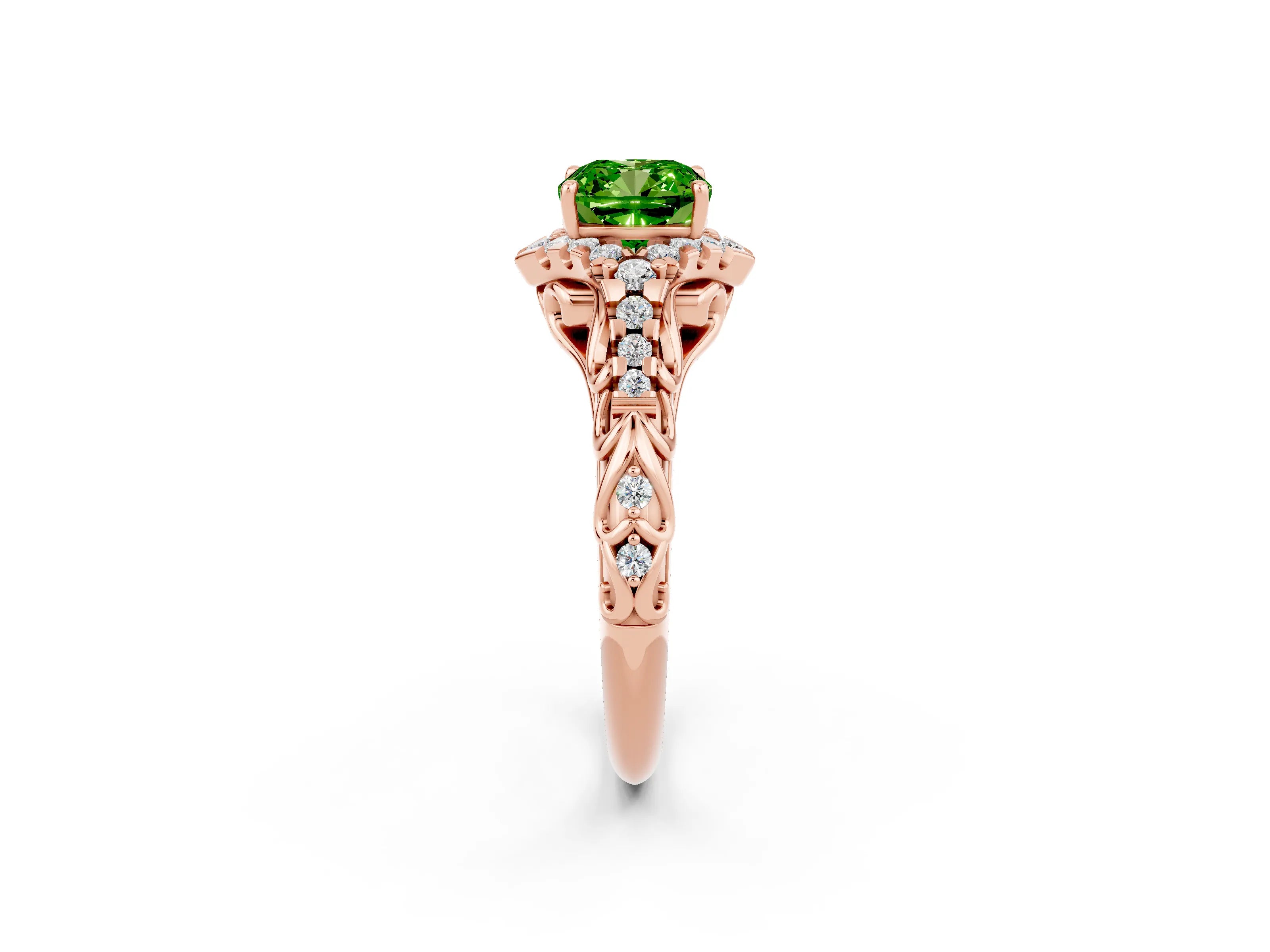 Rose gold Cushion Cut Peridot Solitaire Ring with Hidden Halo and Pavé Band_14