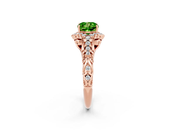 Rose gold Cushion Cut Peridot Solitaire Ring with Hidden Halo and Pavé Band