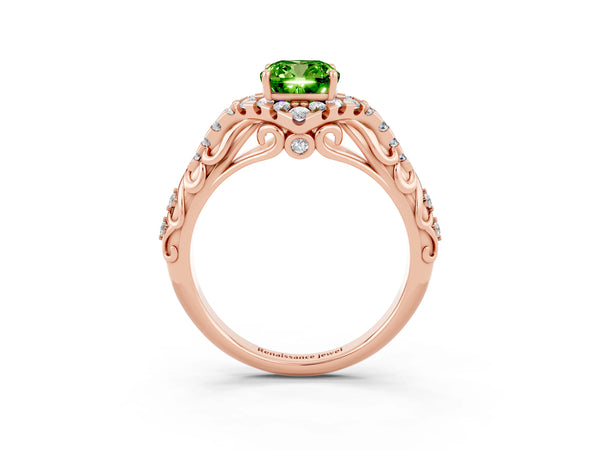 Rose gold Cushion Cut Peridot Solitaire Ring with Hidden Halo and Pavé Band