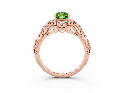 Rose gold Cushion Cut Peridot Solitaire Ring with Hidden Halo and Pavé Band_15