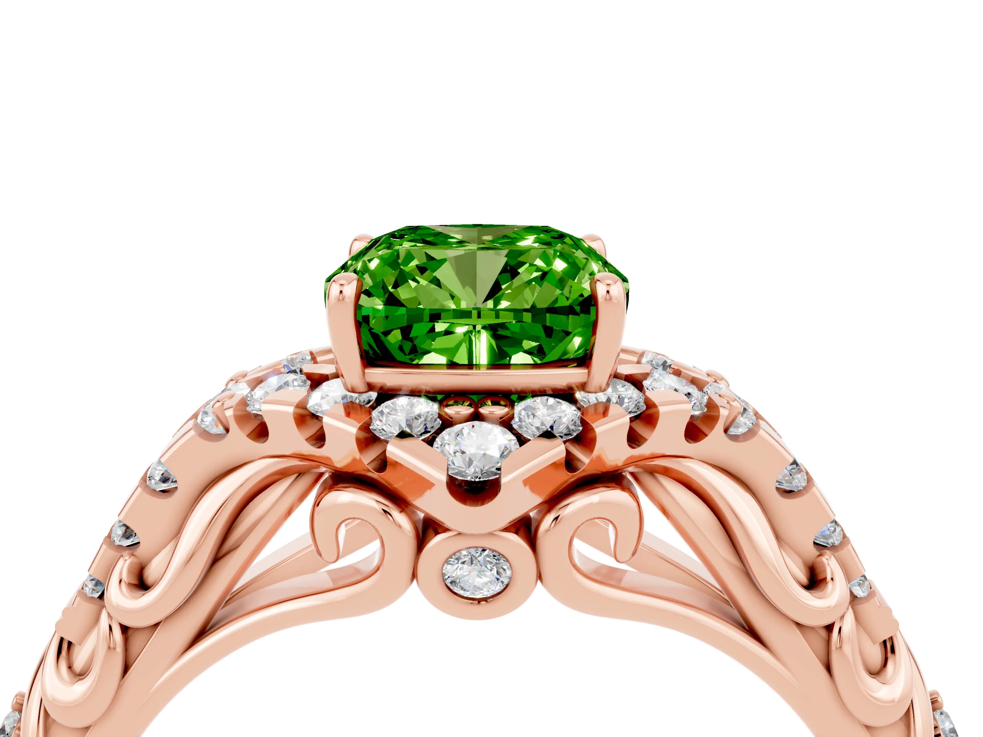 Rose gold Cushion Cut Peridot Solitaire Ring with Hidden Halo and Pavé Band_16
