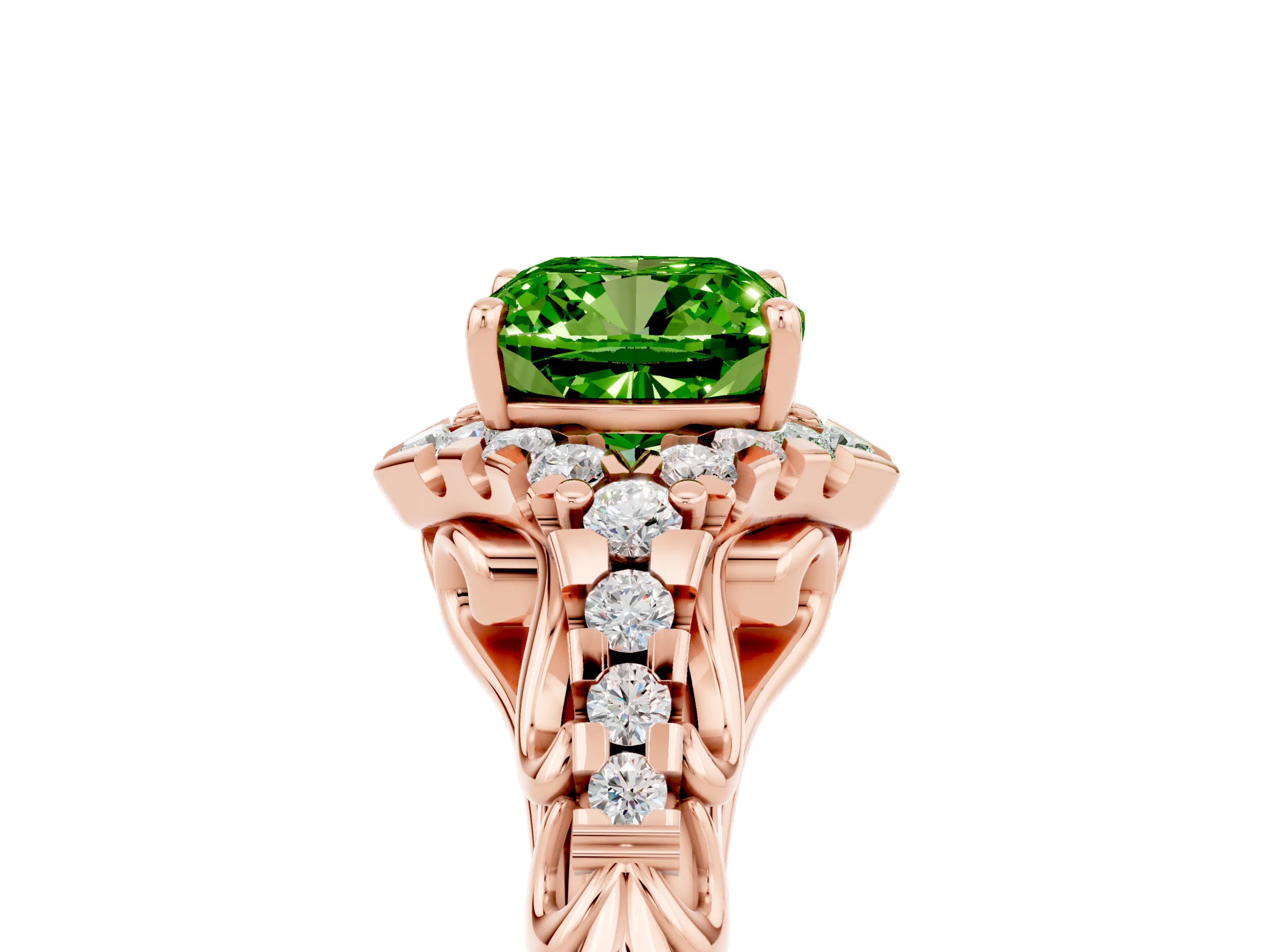 Rose gold Cushion Cut Peridot Solitaire Ring with Hidden Halo and Pavé Band_17