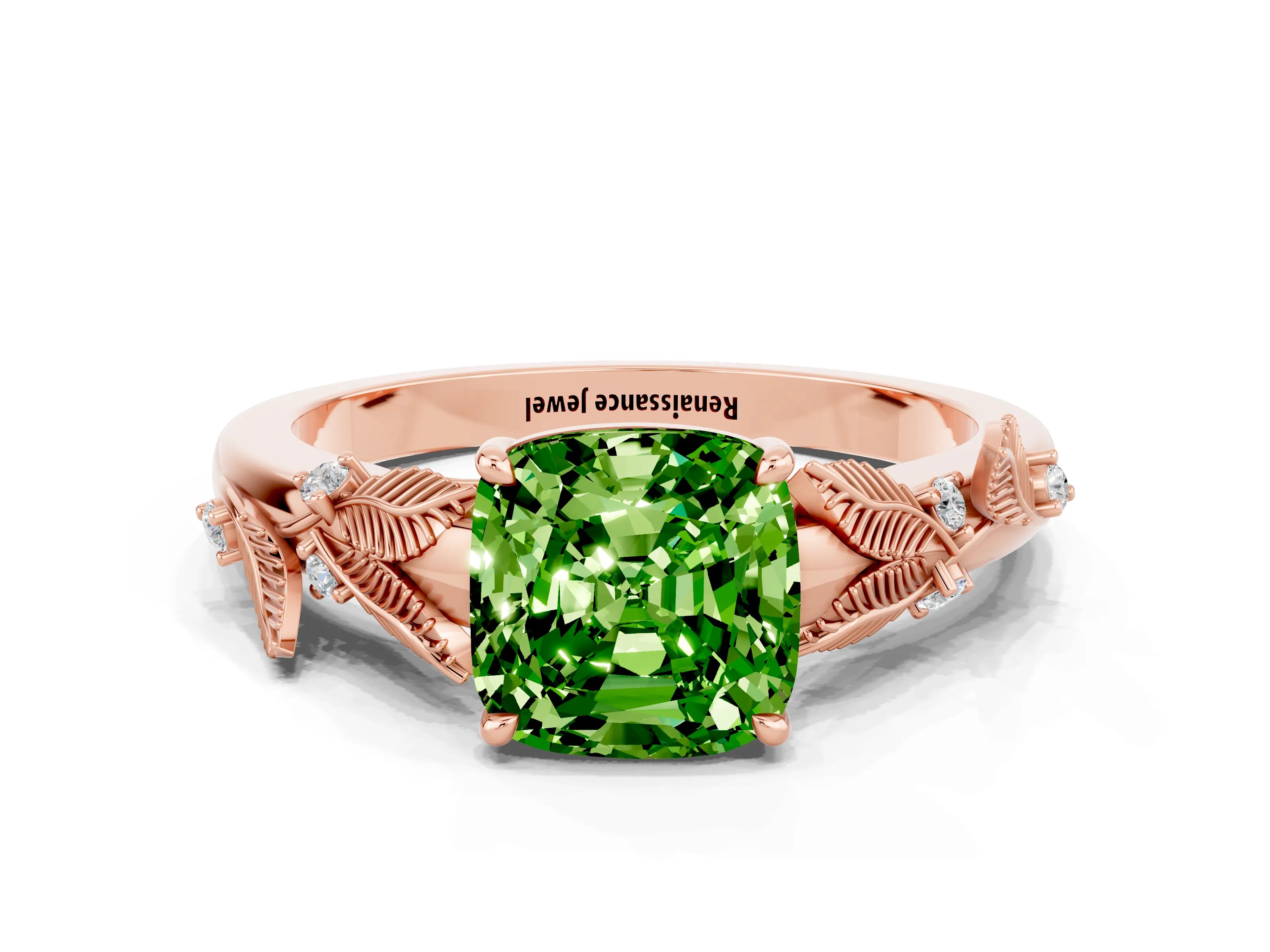 Rose gold Cushion Cut Peridot Solitaire Ring with Leaf Motif Band and Four-Prong Setting