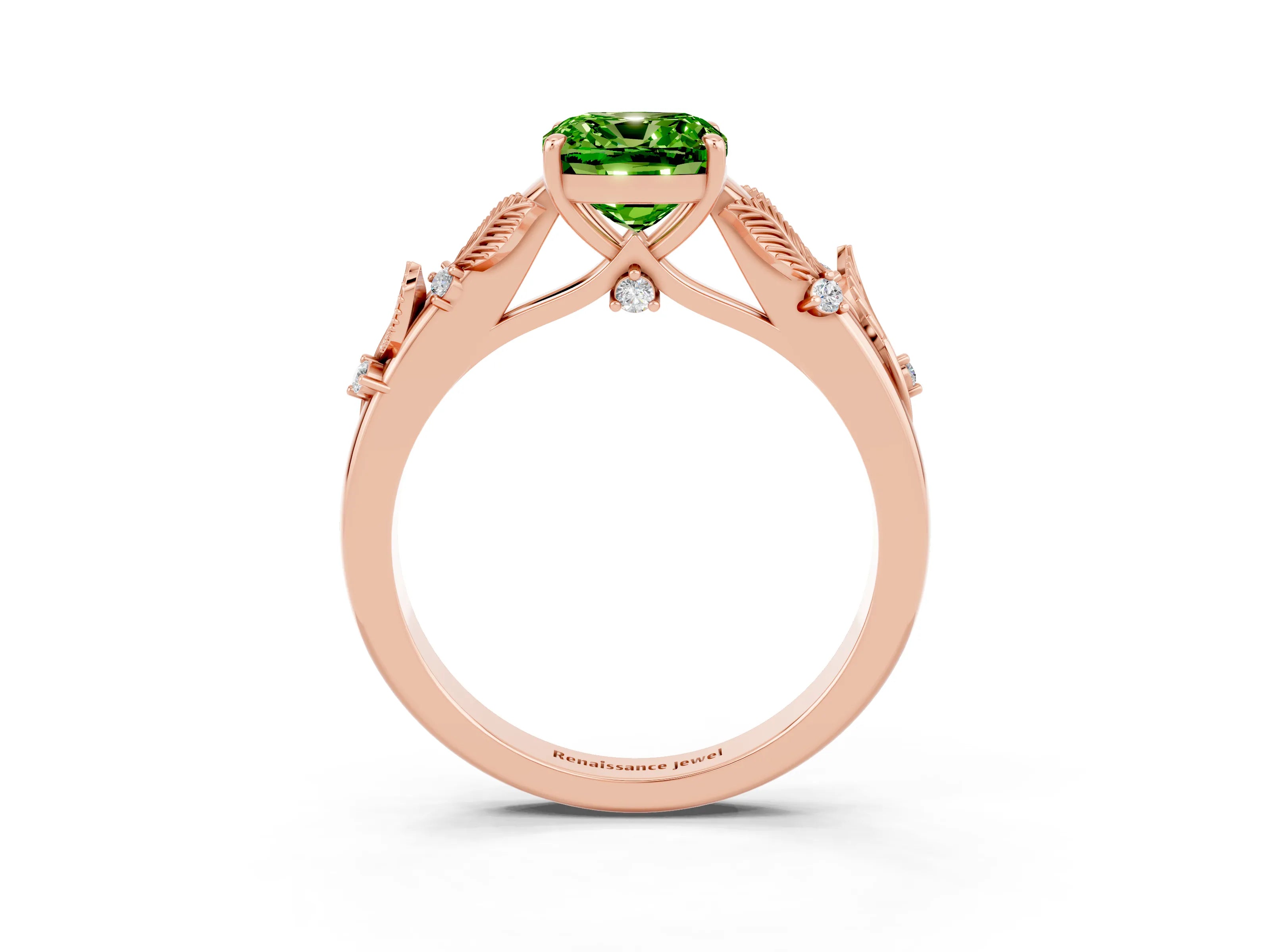 Rose gold Cushion Cut Peridot Solitaire Ring with Leaf Motif Band and Four-Prong Setting_3