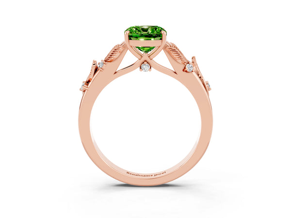 Rose gold Cushion Cut Peridot Solitaire Ring with Leaf Motif Band and Four-Prong Setting